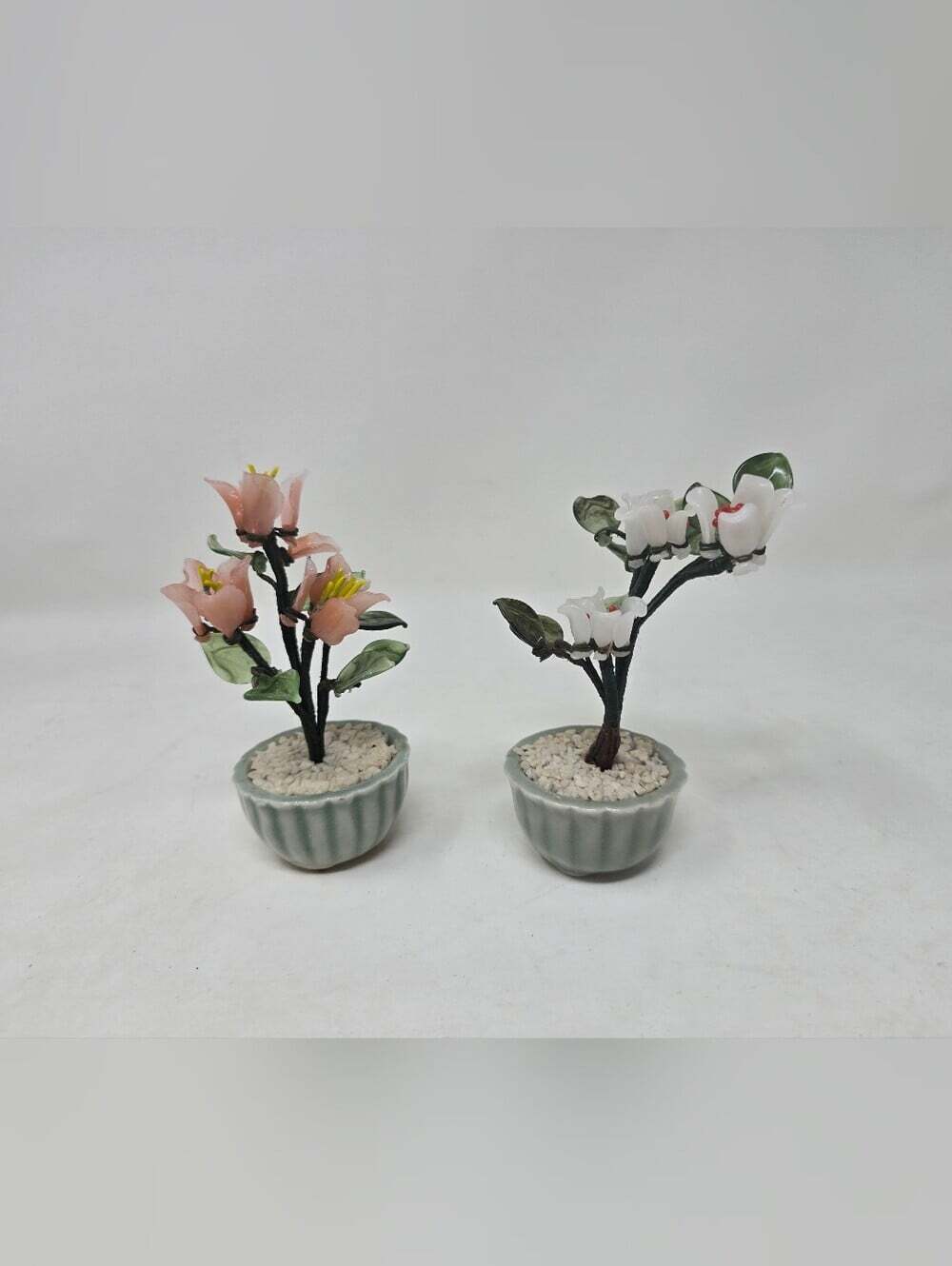 Vintage 80s Chinese Bonsai Tree Glass Wire Flowers Green Celadon Planter Pot